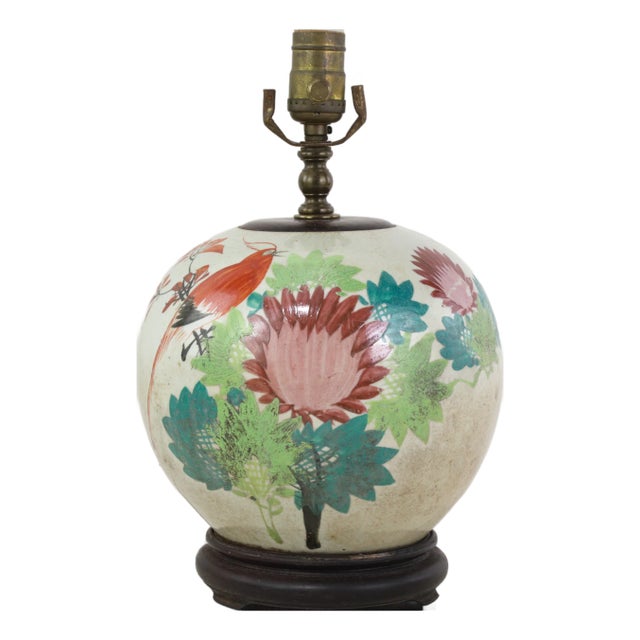 Famille Rose Antique Porcelain Vase Lamp With Bird and Floral Motif on Wood Base For Sale