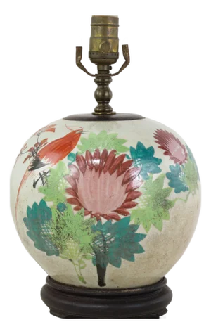 Famille Rose Antique Porcelain Vase Lamp With Bird and Floral Motif on Wood Base