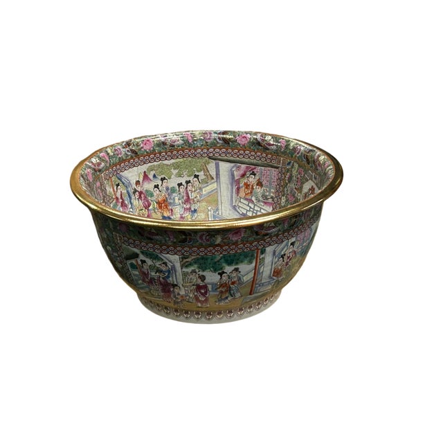 Rose Vintage Chinese Famille Rose People House Graphic Large Porcelain Bowl Pot For Sale - Image 8 of 12