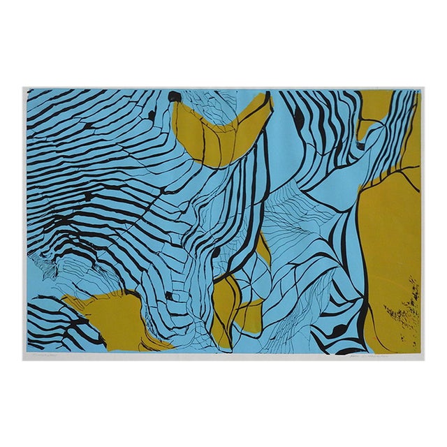 Mid 20th Century Abstract Blue and Mustard Topography Serigraph For Sale