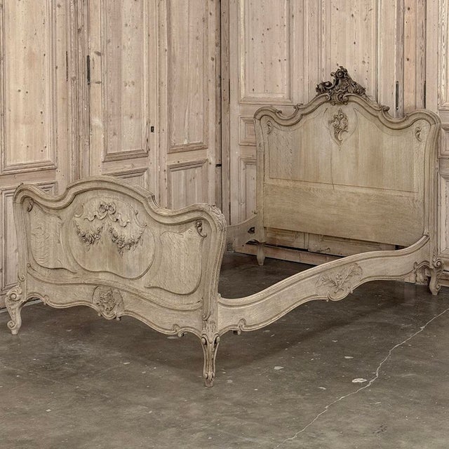 French Antique Louis XV Style Stripped Oak Hand-Carved Bed For Sale - Image 3 of 17