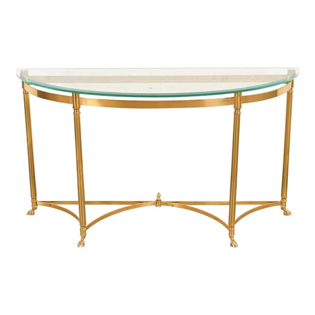 Labarge Hollywood Regency Brass and Glass Demilune Console Table With Hooved Feet, Circa 1960s For Sale