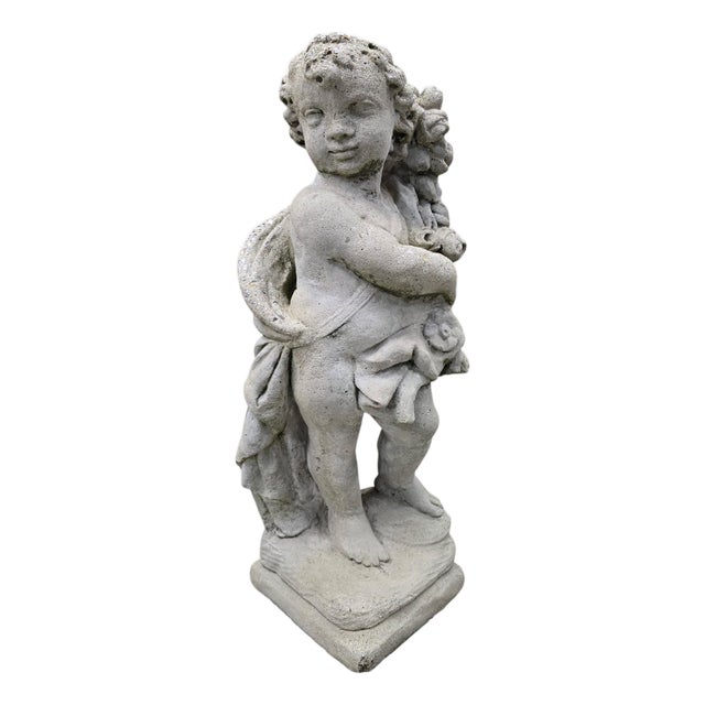 Vintage Garden Cherub Statue Holding Floral Garland For Sale