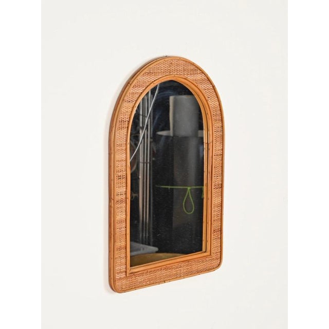 Wood Mid-Century Italian Arch Mirror in Bamboo and Woven Wicker, 1970s For Sale - Image 7 of 13