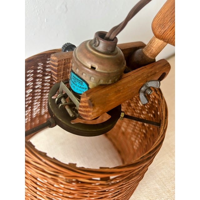 Vintage Wood Scissor Lamp Danish Style W/ Wicker Shade For Sale - Image 10 of 15