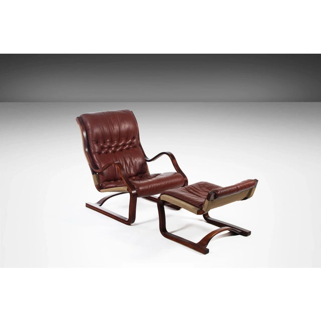 1970s Vintage Koivutaru Bentwood Chair & Ottoman in Afromosia and Oxblood Red Leather by Esko Pajamies for ASKO For Sale - Image 13 of 13