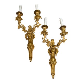 Pair of Antique 19c French Gilt Bronze Cherubic Light Sconces For Sale