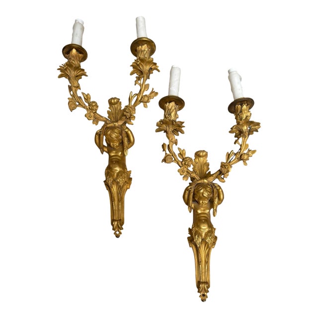 Pair of Antique 19c French Gilt Bronze Cherubic Light Sconces For Sale