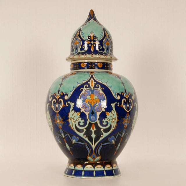 Art Nouveau Ceramic Vase Urn Floral Decoration Blue Turquoise Covered Vase For Sale - Image 11 of 11