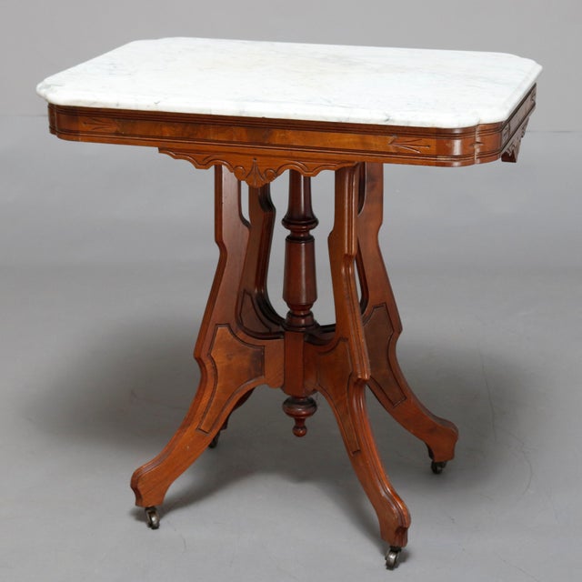 Antique Victorian Eastlake Carved Walnut & Beveled Marble Side Table