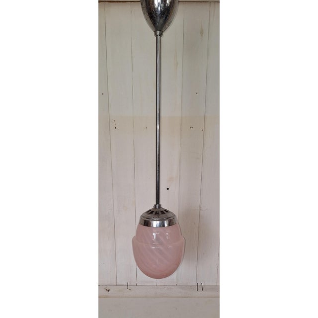 Mid-Century Italian Ceiling Lamp with Chrome-Plated Metal Mounting and Teardrop-Shaped Pink-Tinted Glass Shade, 1960s, in...