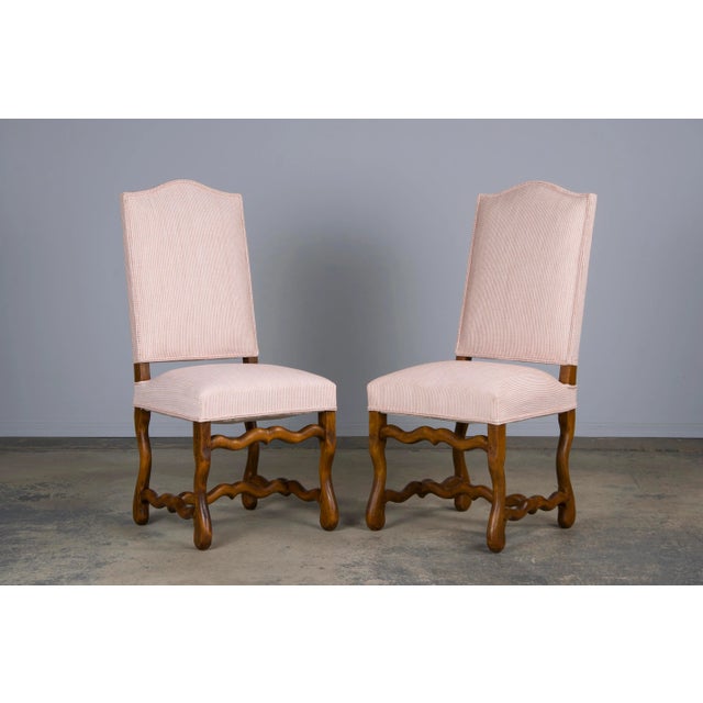 Antique French Louis XIII Style Os De Mouton Oak Dining Chairs W/ Striped Blush Pink Chenille- Set o For Sale - Image 4 of 12
