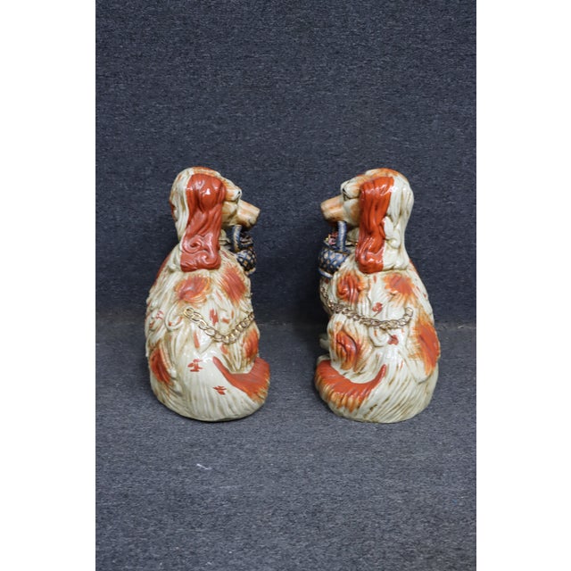 Orange Oversized Pair of Staffordshire Style Spaniel Dog Figurines With Baskets For Sale - Image 8 of 10