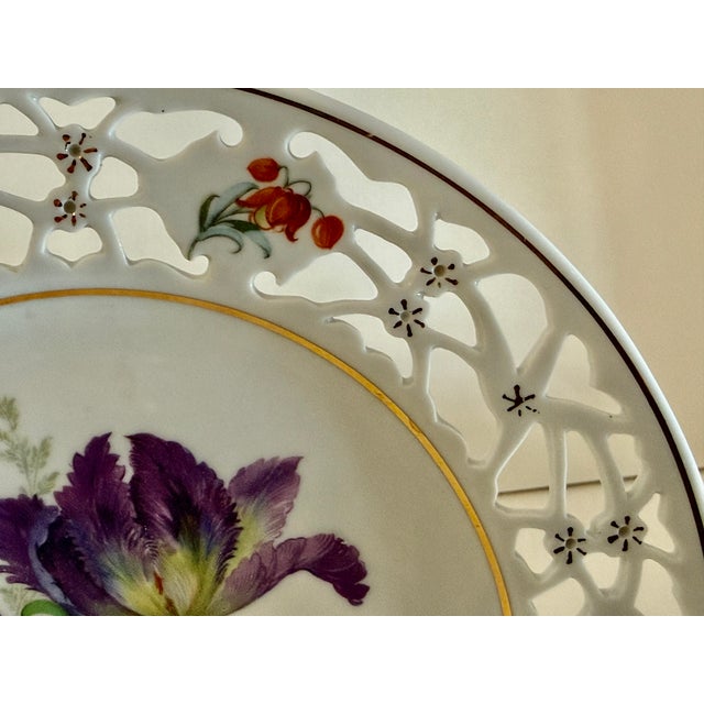 Pair of Antique German Dresden Porcelain Reticulated Cabinet Plates With Floral Decoration For Sale In New York - Image 6 of 16