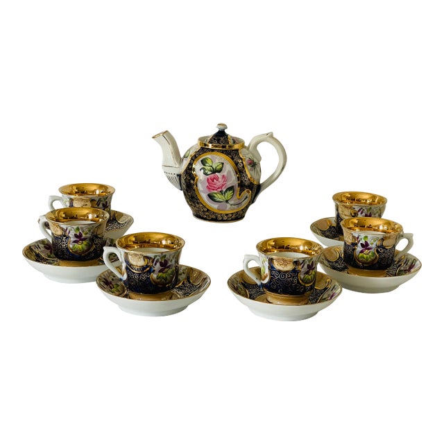 Antique Kuznetsov Cobalt Blue & Gold Tea Set- 14 Pieces For Sale