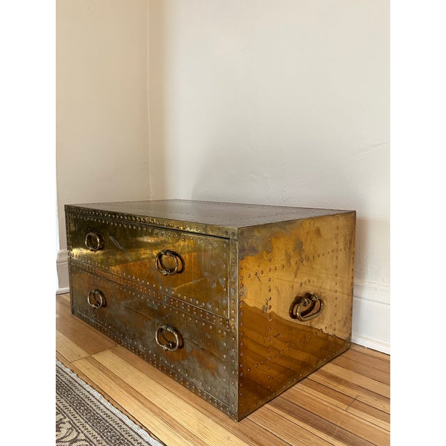 Wood 1970’s Sarreid Ltd. Brass 2 Drawer Chest For Sale - Image 7 of 11