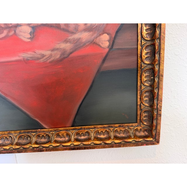 Red Signed Oil Painting of Three Cats, Cat Lover Wall Art, Framed Feline Portrait For Sale - Image 8 of 11