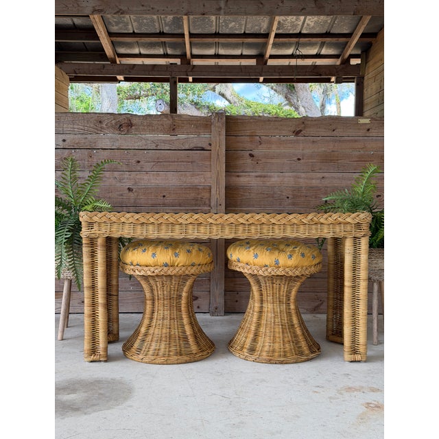 Boho Chic Vintage Coastal Handwoven Manila Rattan Console Table With Matching Ottomans-Set of Three For Sale - Image 3 of 12