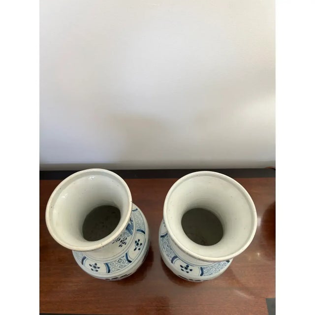 2010s Pair of Blue & White Chinoiserie Cherry Blossom Vases With Peony &Greek Key Motifs For Sale - Image 5 of 5