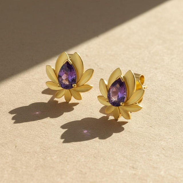 Metal Pear-Cut Amethyst Lutus Flower Earrings Studs, Silver, Gold, Pair For Sale - Image 7 of 7