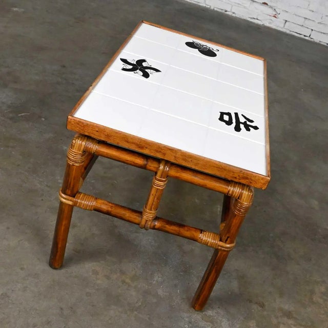 Campaign Vintage Rattan Campaign Style Ficks Reed Far Horizons Collection End Table W/Tile Top by John Wisner For Sale - Image 3 of 13