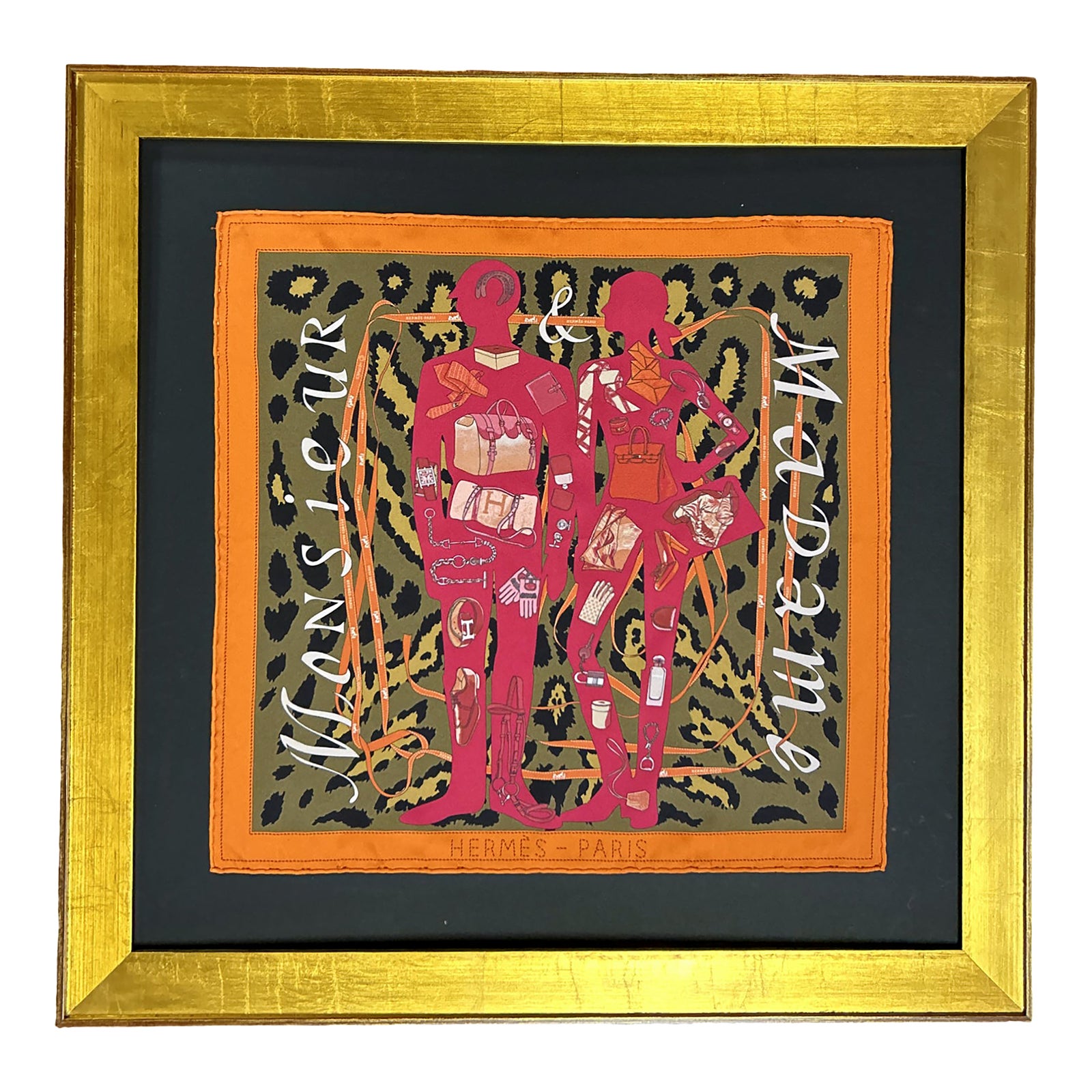 Hermes Monsieur Et Madame Leopard Framed Vintage Silk Scarf | Chairish