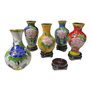 Set of 5 Miniature Chinese Cloisonné Vases | Floral Motif With Wood Stands & Box