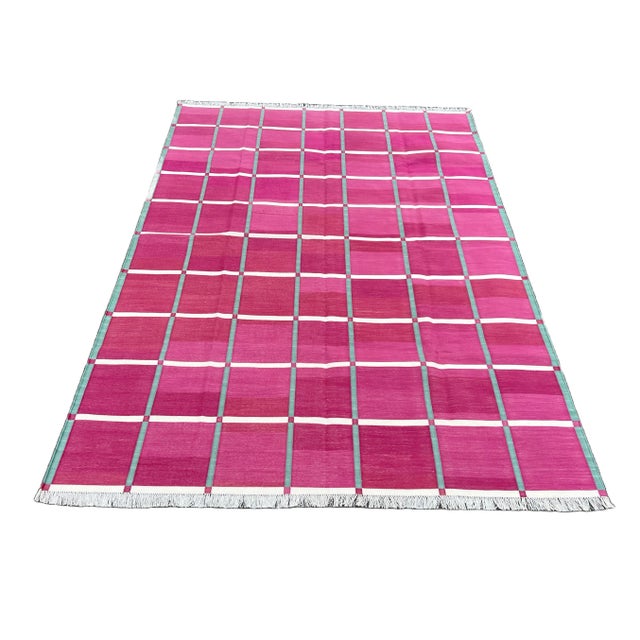 Handmade Cotton Natural Vegetable Dyed Raspberry Pink Cream & Green Windowpane Checked Rug - 10'x14' For Sale - Image 9 of 10