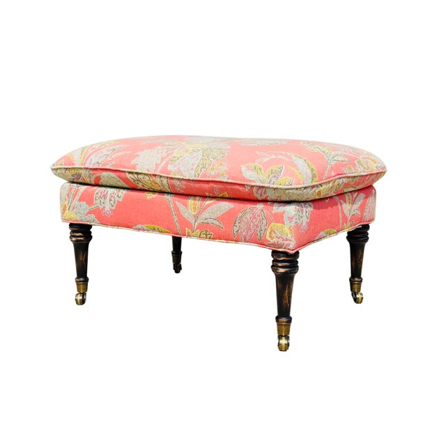 Custom CR Laine Coral Botanical Cocktail Ottoman | Luxury Designer Upholstered Coffee Table Ottoman with Turned Wood Legs...