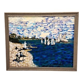 Hand-Painted Acrylic Impasto Seashore Painting With Sailboats and Black Beachgoers For Sale