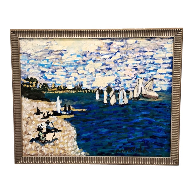 Hand-Painted Acrylic Impasto Seashore Painting With Sailboats and Black Beachgoers For Sale