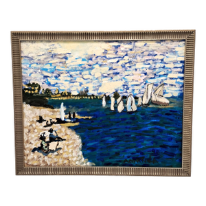 Hand-Painted Acrylic Impasto Seashore Painting With Sailboats and Black Beachgoers