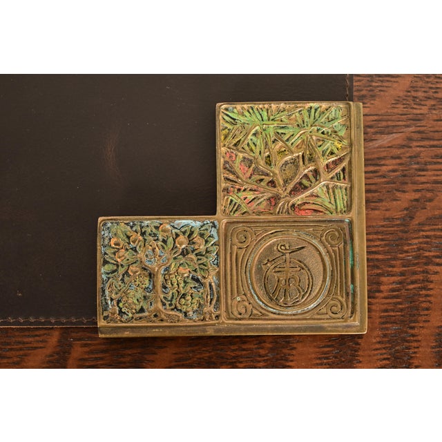 Tiffany Studios New York Bookmark Pattern Bronze Doré and Enamel Blotter Corners With Leather Desk Blotter For Sale - Image 9 of 13