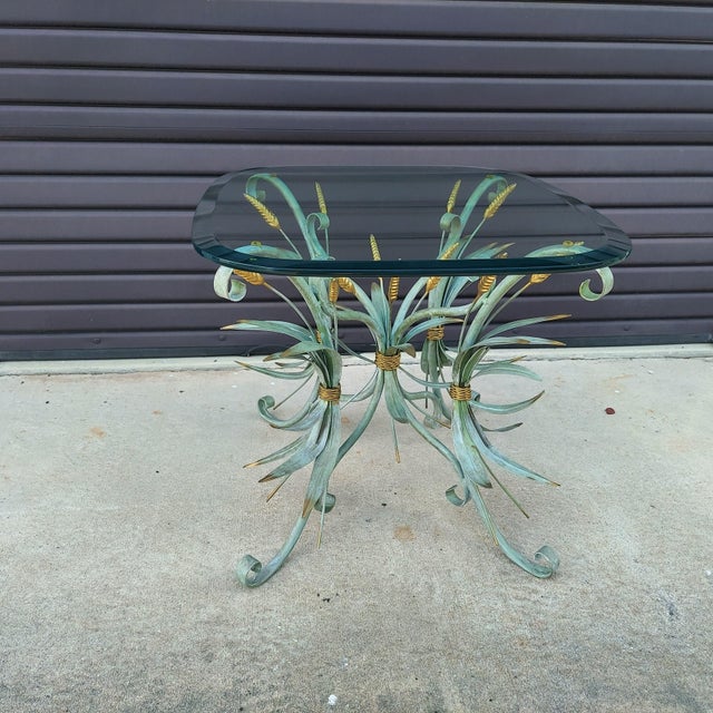 Vintage Coco Chanel Maison Bagues Style Sheaf of Wheat Side Table - Patinated Finish with Gold Accents - Beveled Glass Top...
