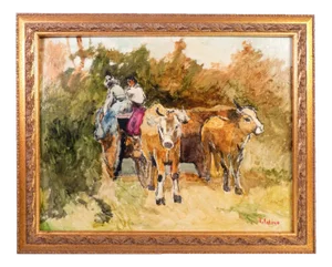 R. Salino, Cart and Oxen, Oil on Panel, 1980s, Framed