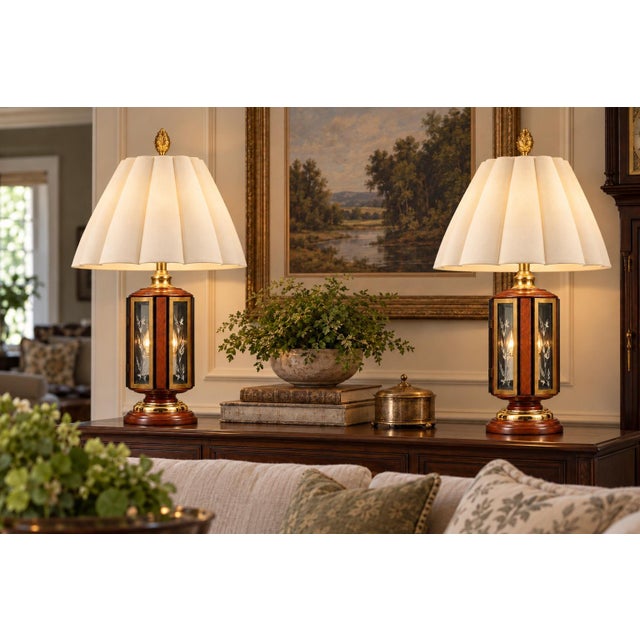Wood Mid 20th Century Hollywood Regency Wood, Brass & Etched Glass Lantern Table Lamps - Pair For Sale - Image 7 of 8