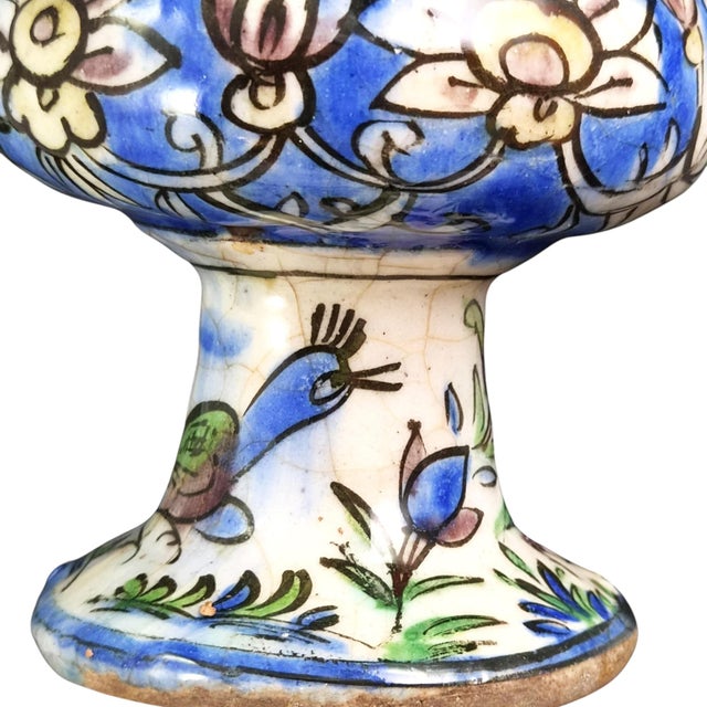 Blue Antique West Asian Polychrome Ceramic Vase with Bird and Floral Decoration, 1900 For Sale - Image 8 of 13