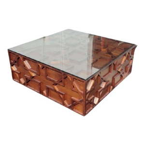 Monumental Vintage Square Geometric Stained Wood MCM Chippendale Glass Top Coffee Table 2 Available