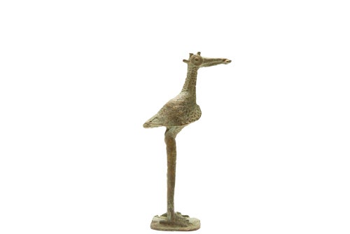 Vintage AfricanOxidized Bronze Crowned Stork With Fish Sculpture