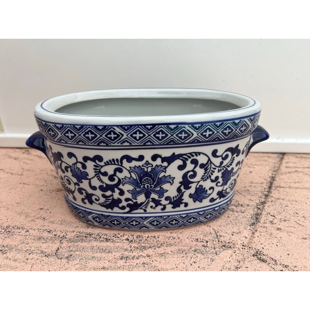 Vintage Blue & White Basin Foot Bath Style Floral Oval Planter For Sale - Image 4 of 7
