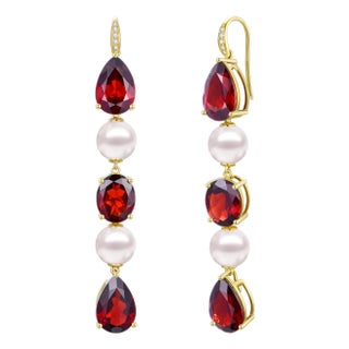 GemFusion 22.05ctw Garnet Diamond Pearl Convertible Drop Earrings in 14k Yellow Gold-Set of 2 For Sale