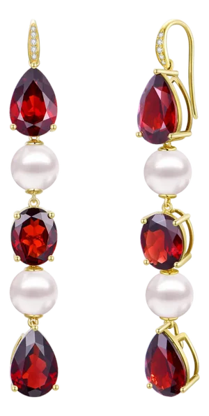 GemFusion 22.05ctw Garnet Diamond Pearl Convertible Drop Earrings in 14k Yellow Gold-Set of 2