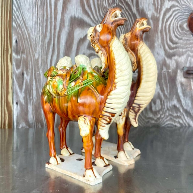 Vintage Boho Tri Colored Sancai Glazed Tang Camels - a Pair For Sale - Image 4 of 9