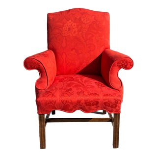 Dennis & Leen Chippendale Ascot Arm Chair W Orange Red Damask For Sale