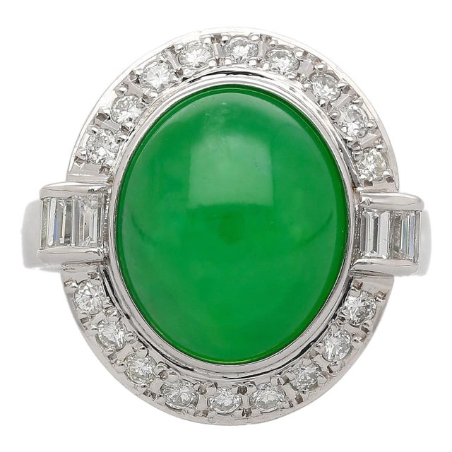 8.55 Carat Untreated Fei Cui a Jadeite Jade & Diamond Bezel Platinum Ring, Size 7.75 For Sale