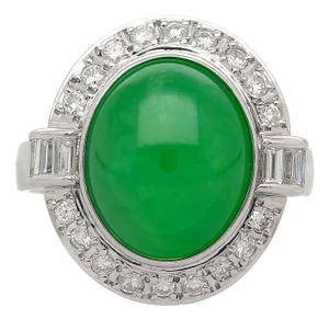 8.55 Carat Untreated Fei Cui a Jadeite Jade & Diamond Bezel Platinum Ring, Size 7.75