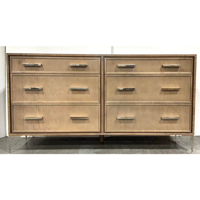 Original retail $3650, stylish Modern Beige Lacquer Six Drawer Chloe Dresser As Is, polished nickel feet an pulls,...