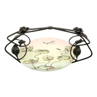 Art Deco Porcelain Gateau Plate with Handle or Carrier in Wrought Iron For Sale