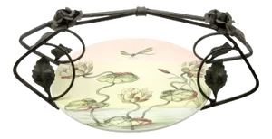 Art Deco Porcelain Gateau Plate with Handle or Carrier in Wrought Iron