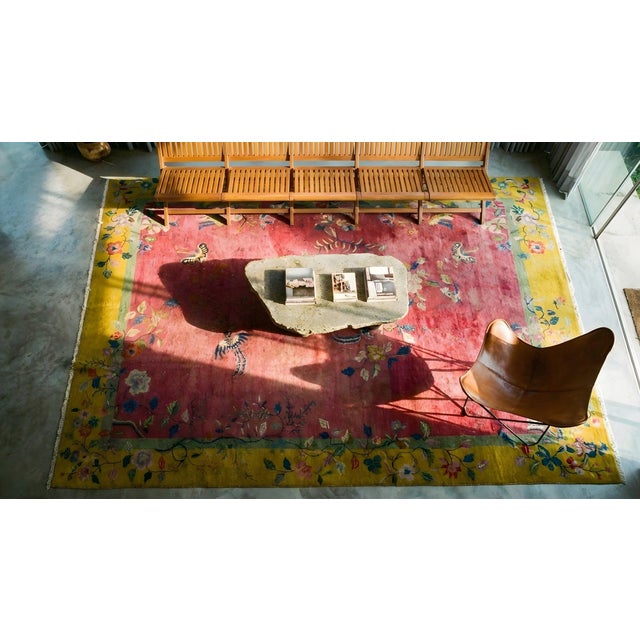1920s Pink Rose Floral Antique Chinese Art Deco Carpet 9' X 12' Knotted Wool Rug For Sale - Image 14 of 14